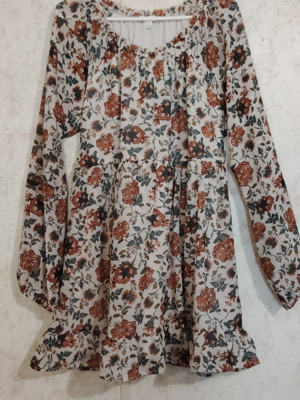 Floral Long Sleeve Ruffled Babydoll Dress - Cream with Rust & Green